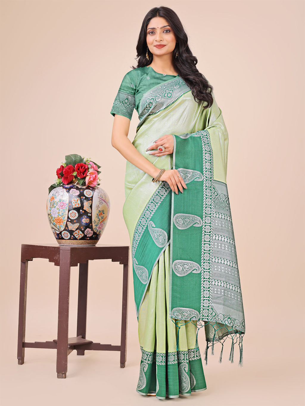 Shree Shyam Fashion Graceful Light & Dark Light Green Silk Saree with Rich Woven Border & Paisley Pallu - Perfect for Festive & Wedding Wear | Grocsy