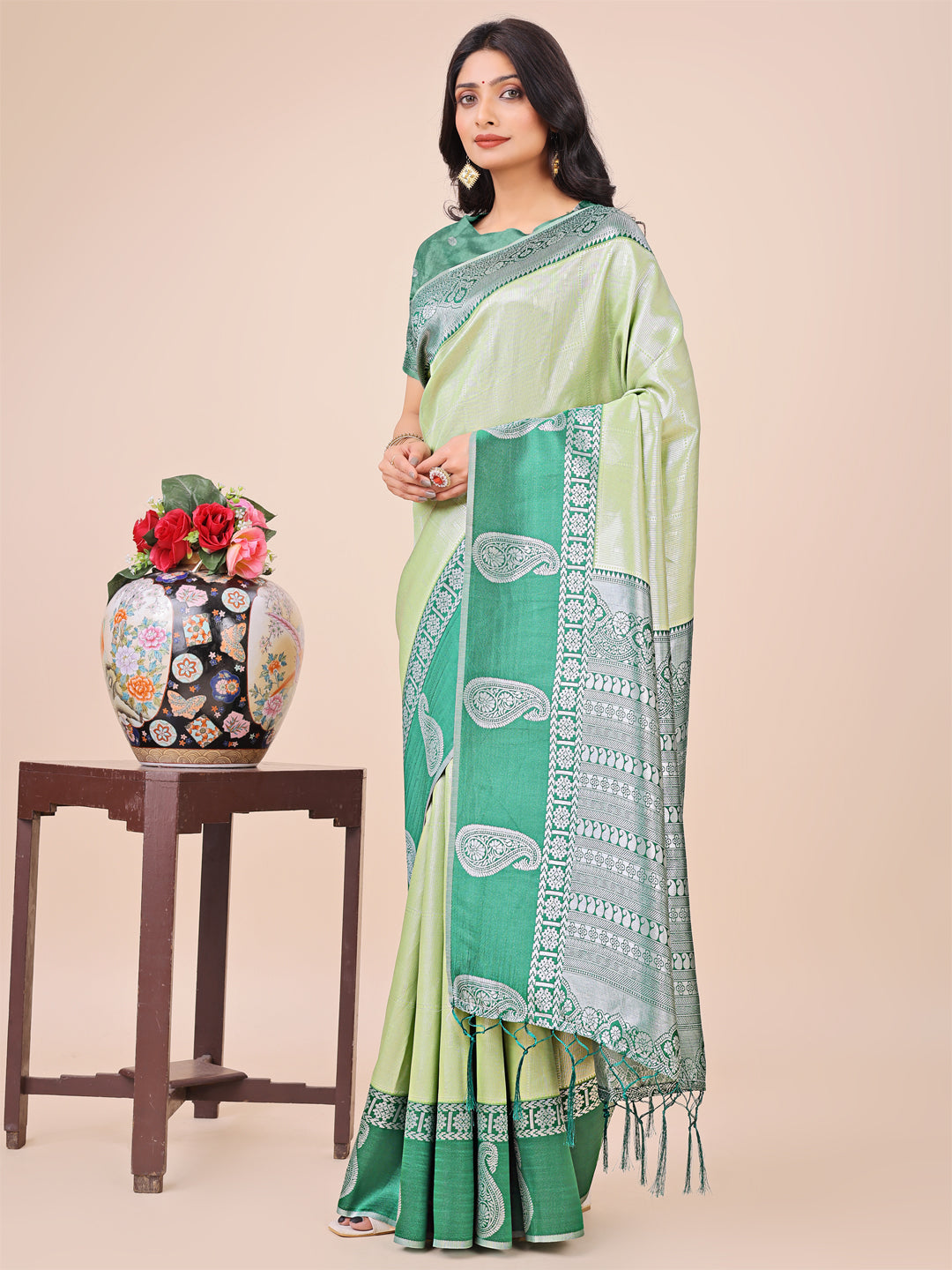 Shree Shyam Fashion Graceful Light & Dark Light Green Silk Saree with Rich Woven Border & Paisley Pallu - Perfect for Festive & Wedding Wear | Grocsy