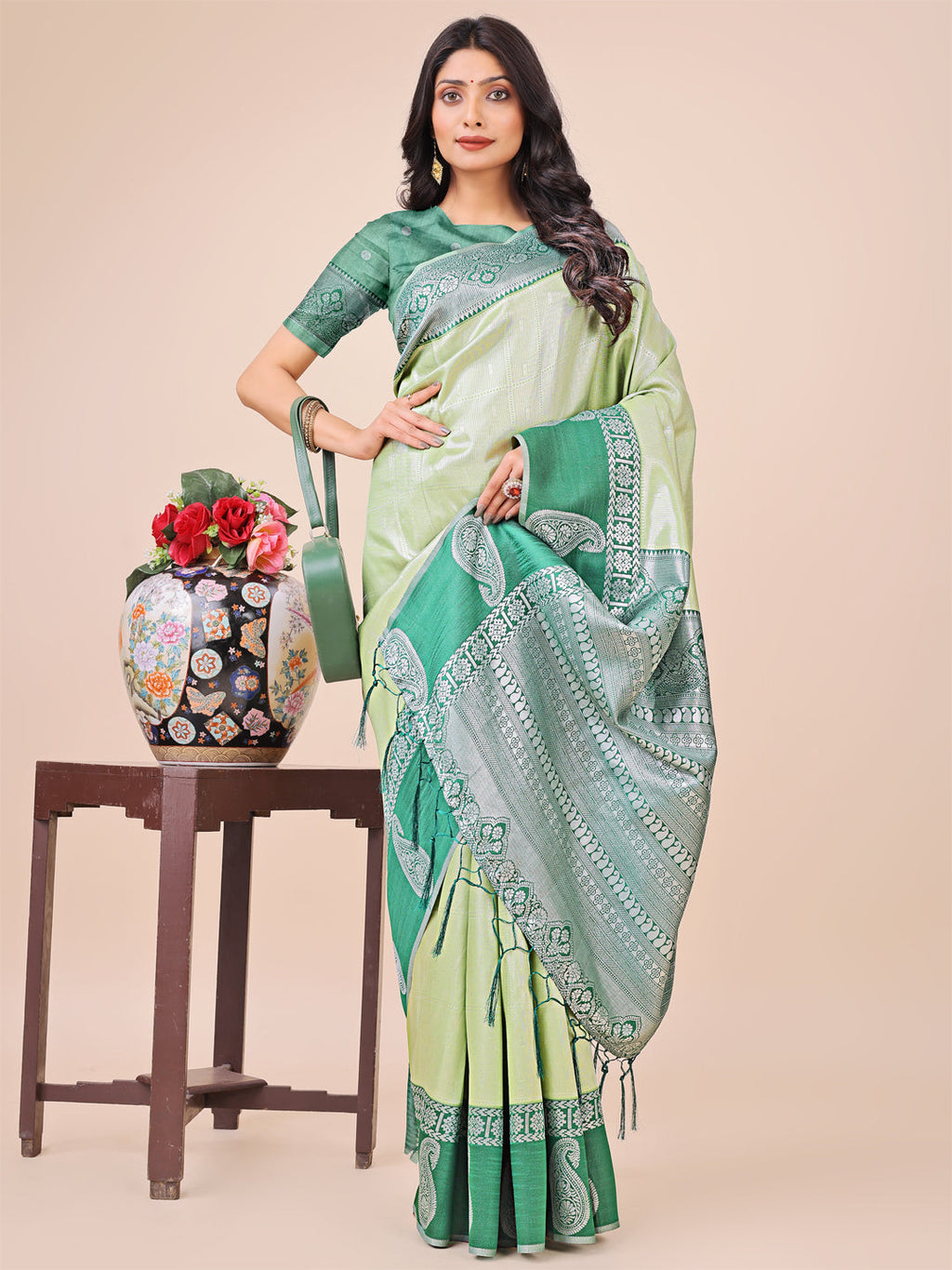 Shree Shyam Fashion Graceful Light & Dark Light Green Silk Saree with Rich Woven Border & Paisley Pallu - Perfect for Festive & Wedding Wear | Grocsy