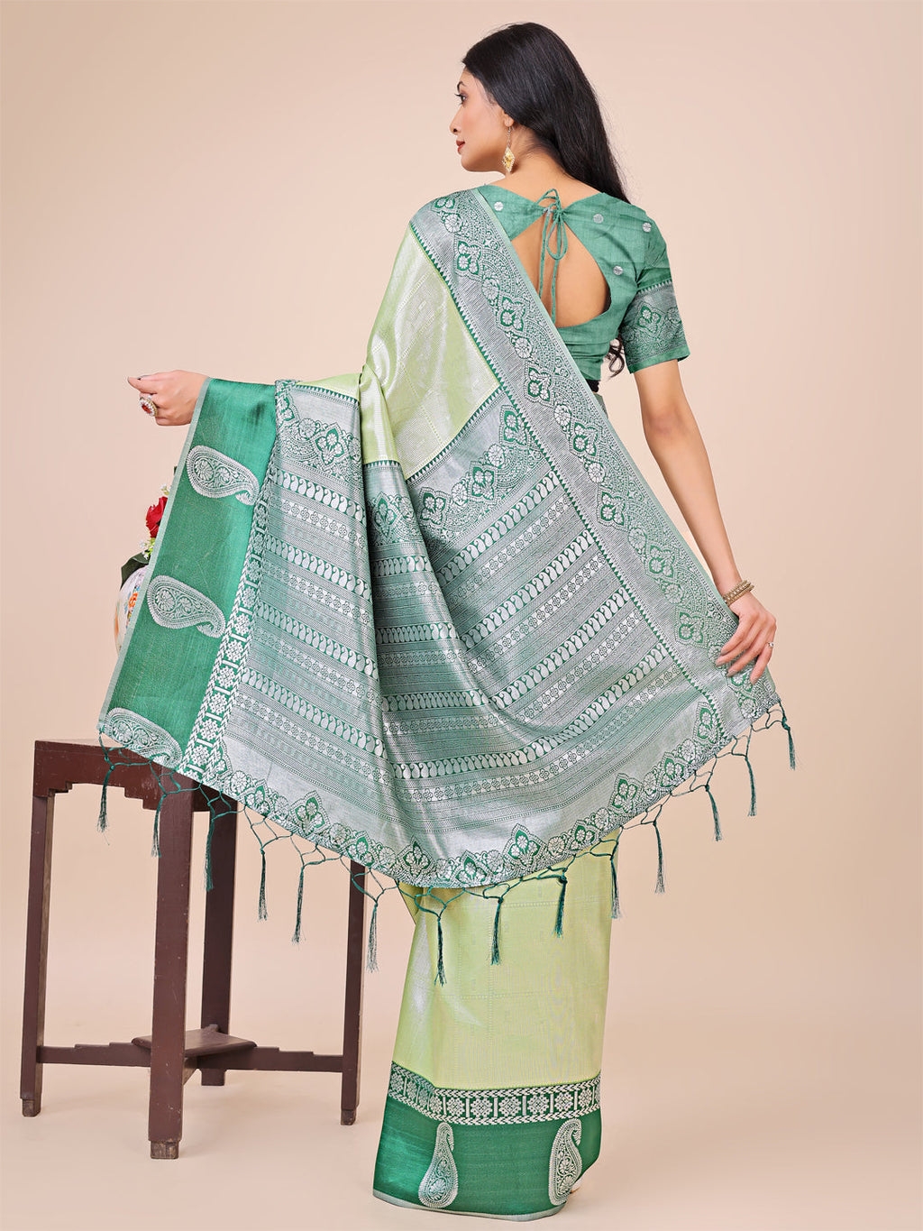 Shree Shyam Fashion Graceful Light & Dark Light Green Silk Saree with Rich Woven Border & Paisley Pallu - Perfect for Festive & Wedding Wear | Grocsy