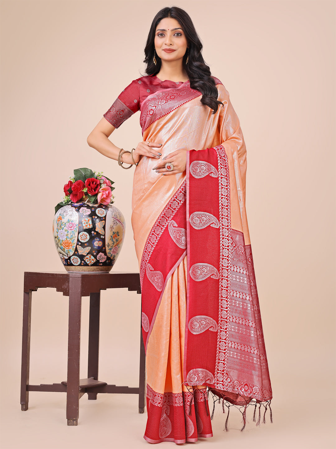Shree Shyam Fashion Graceful Light & Dark Peach Silk Saree with Rich Woven Border & Paisley Pallu - Perfect for Festive & Wedding Wear | Grocsy
