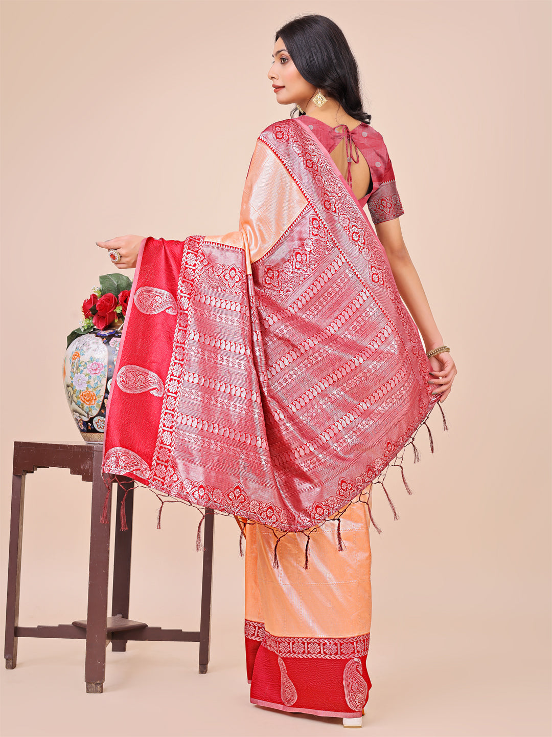 Shree Shyam Fashion Graceful Light & Dark Peach Silk Saree with Rich Woven Border & Paisley Pallu - Perfect for Festive & Wedding Wear | Grocsy