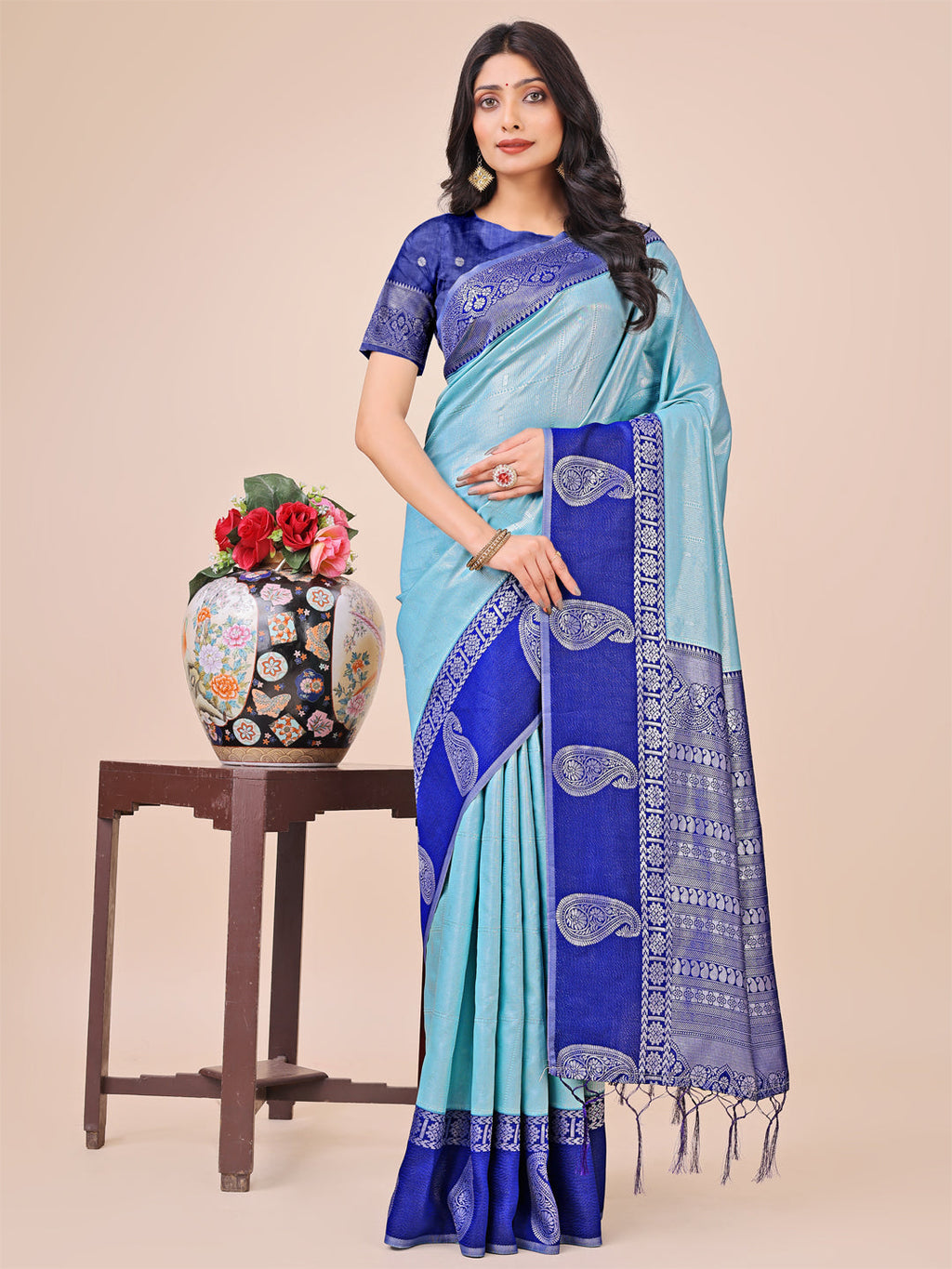 Shree Shyam Fashion Graceful Light & Dark Teal Silk Saree with Rich Woven Border & Paisley Pallu - Perfect for Festive & Wedding Wear | Grocsy