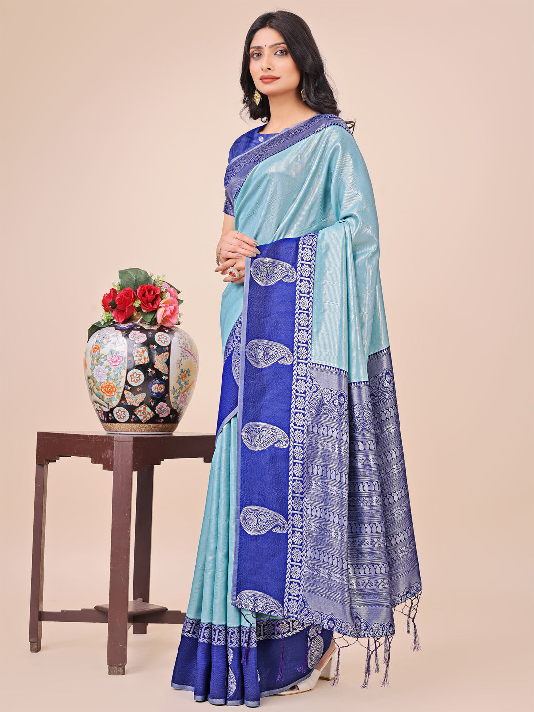Shree Shyam Fashion Graceful Light & Dark Teal Silk Saree with Rich Woven Border & Paisley Pallu - Perfect for Festive & Wedding Wear | Grocsy
