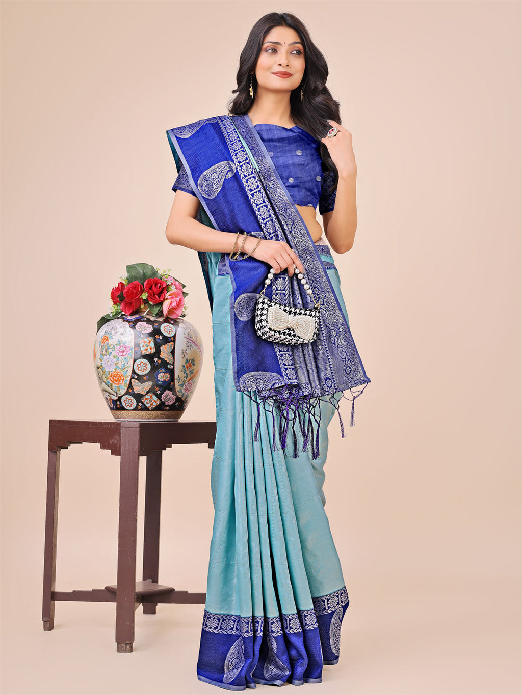 Shree Shyam Fashion Graceful Light & Dark Teal Silk Saree with Rich Woven Border & Paisley Pallu - Perfect for Festive & Wedding Wear | Grocsy