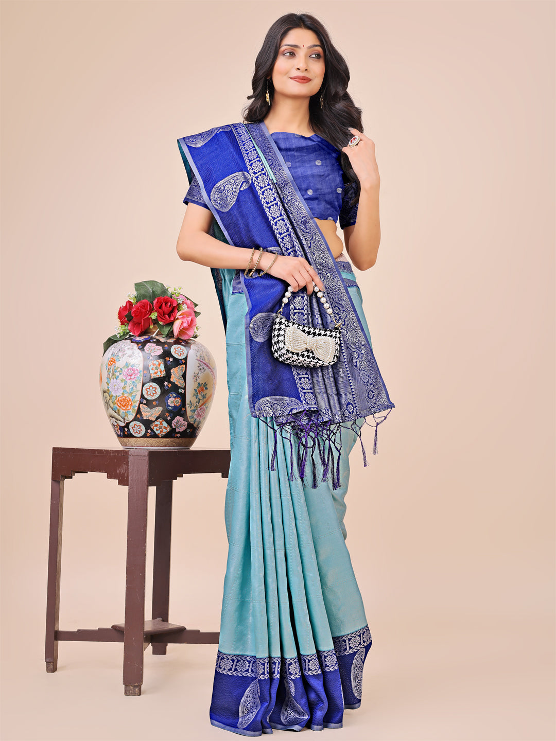 Shree Shyam Fashion Graceful Light & Dark Teal Silk Saree with Rich Woven Border & Paisley Pallu - Perfect for Festive & Wedding Wear | Grocsy