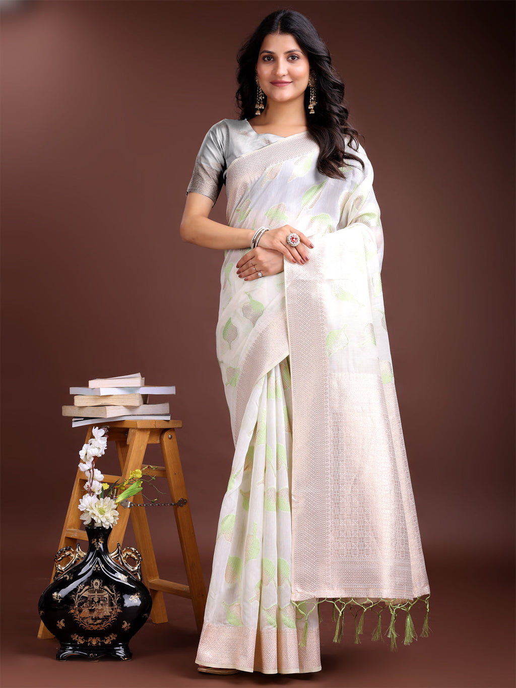 Shree Shyam Fashion White & Light Green Cotton Woven Zari Work Traditional Tassel Saree | Grocsy