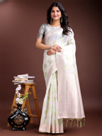 Shree Shyam Fashion White & Light Green Cotton Woven Zari Work Traditional Tassel Saree | Grocsy