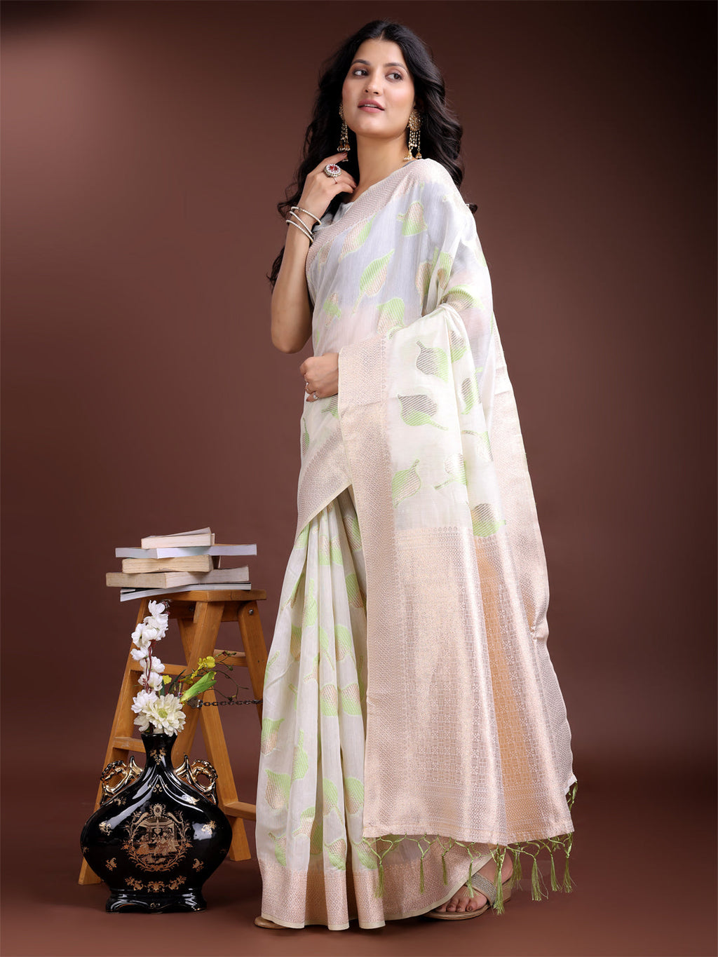 Shree Shyam Fashion White & Light Green Cotton Woven Zari Work Traditional Tassel Saree | Grocsy