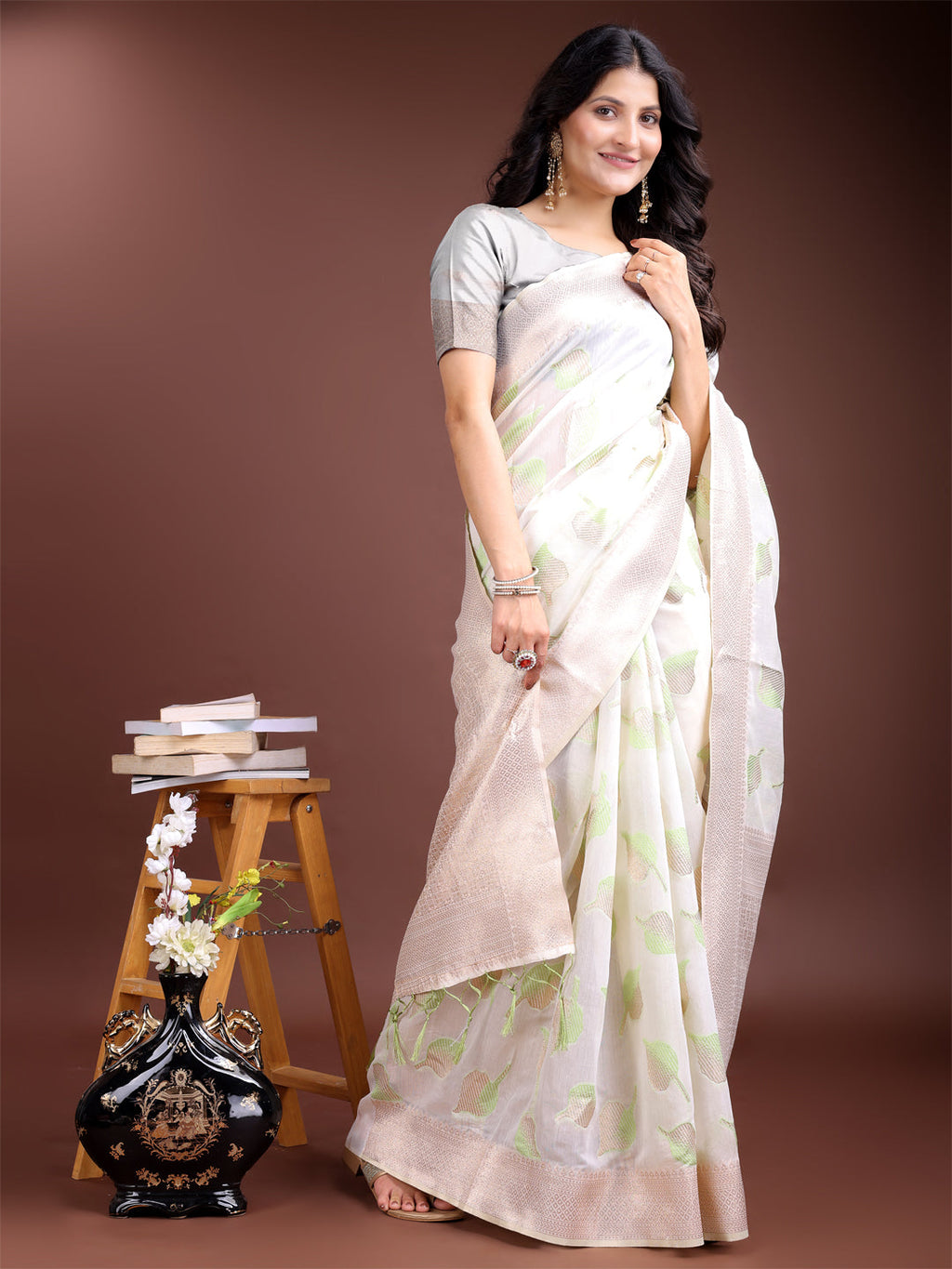 Shree Shyam Fashion White & Light Green Cotton Woven Zari Work Traditional Tassel Saree | Grocsy