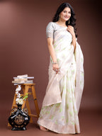 Shree Shyam Fashion White & Light Green Cotton Woven Zari Work Traditional Tassel Saree | Grocsy