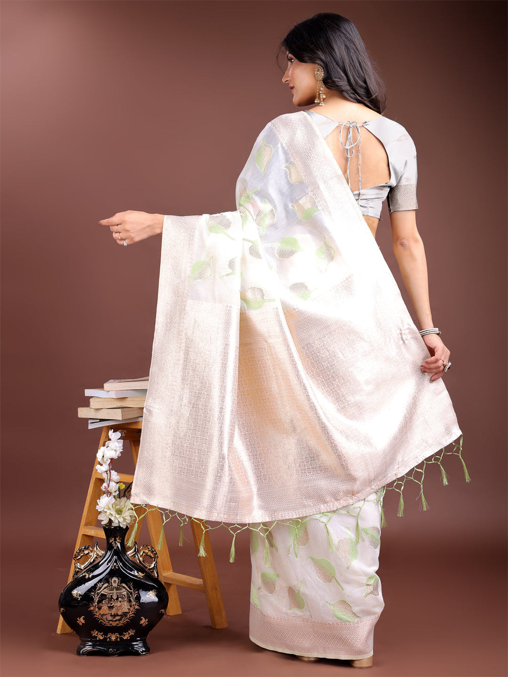 Shree Shyam Fashion White & Light Green Cotton Woven Zari Work Traditional Tassel Saree | Grocsy