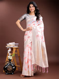 Shree Shyam Fashion White & Pink Cotton Woven Zari Work Traditional Tassel Saree | Grocsy