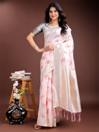Shree Shyam Fashion White & Pink Cotton Woven Zari Work Traditional Tassel Saree | Grocsy