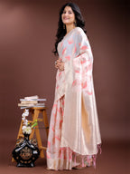 Shree Shyam Fashion White & Pink Cotton Woven Zari Work Traditional Tassel Saree | Grocsy