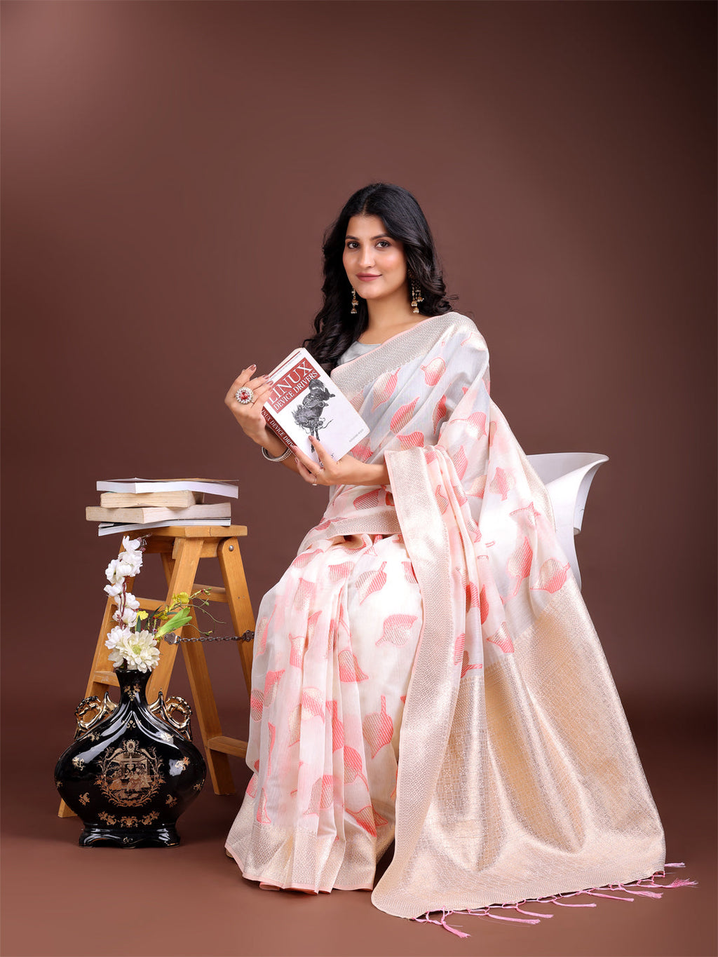 Shree Shyam Fashion White & Pink Cotton Woven Zari Work Traditional Tassel Saree | Grocsy