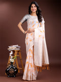 Shree Shyam Fashion White & Orange Cotton Woven Zari Work Traditional Tassel Saree | Grocsy