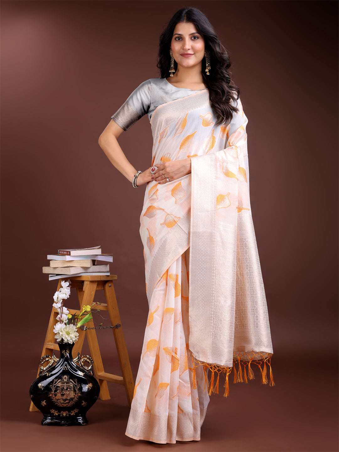Shree Shyam Fashion White & Orange Cotton Woven Zari Work Traditional Tassel Saree | Grocsy