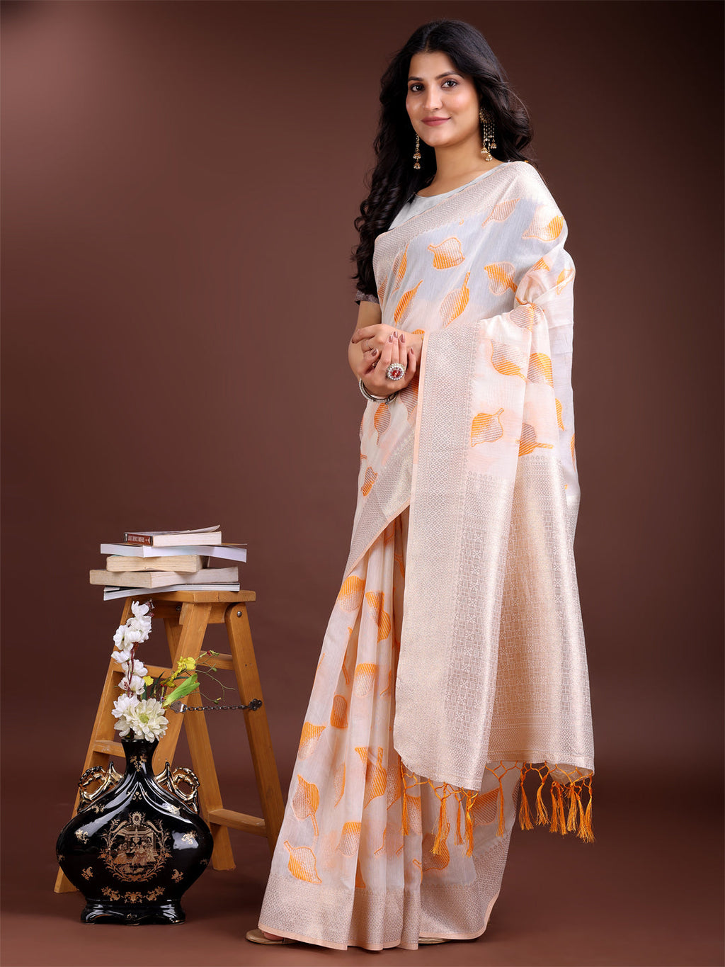 Shree Shyam Fashion White & Orange Cotton Woven Zari Work Traditional Tassel Saree | Grocsy