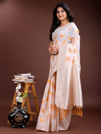 Shree Shyam Fashion White & Orange Cotton Woven Zari Work Traditional Tassel Saree | Grocsy