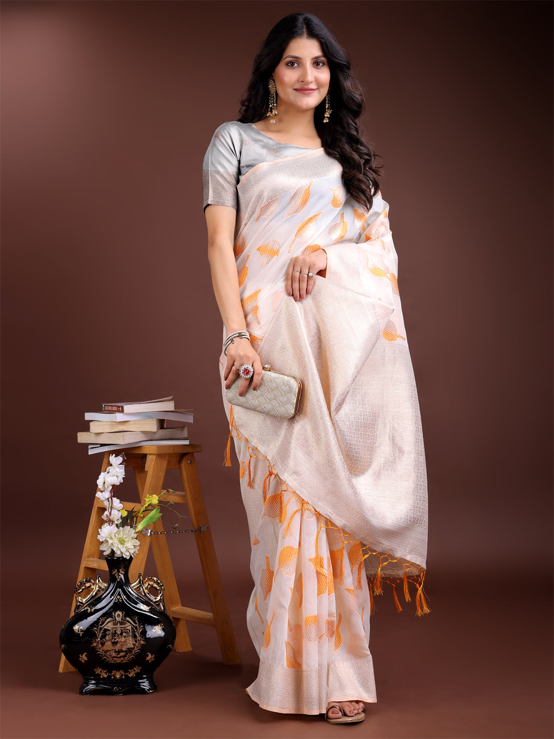 Shree Shyam Fashion White & Orange Cotton Woven Zari Work Traditional Tassel Saree | Grocsy