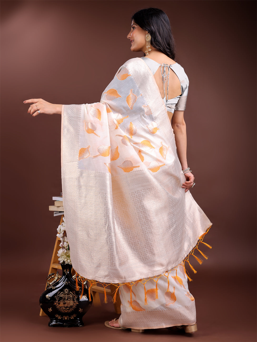 Shree Shyam Fashion White & Orange Cotton Woven Zari Work Traditional Tassel Saree | Grocsy