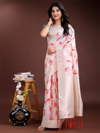 Shree Shyam Fashion White & Red Cotton Woven Zari Work Traditional Tassel Saree | Grocsy