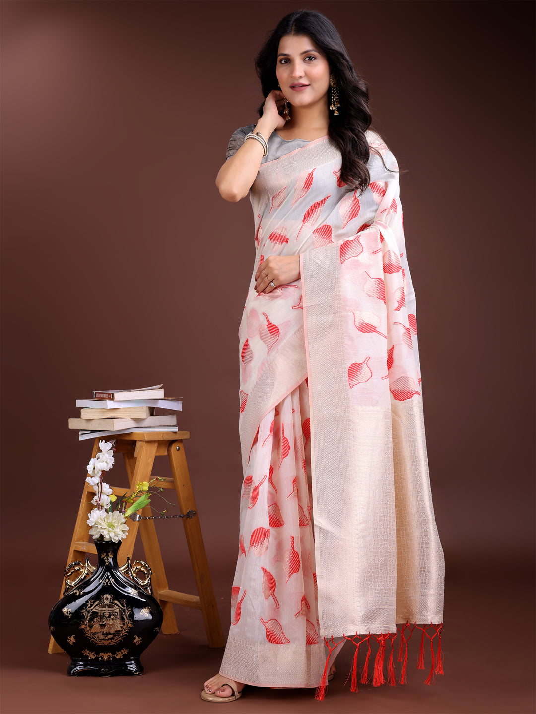 Shree Shyam Fashion White & Red Cotton Woven Zari Work Traditional Tassel Saree | Grocsy