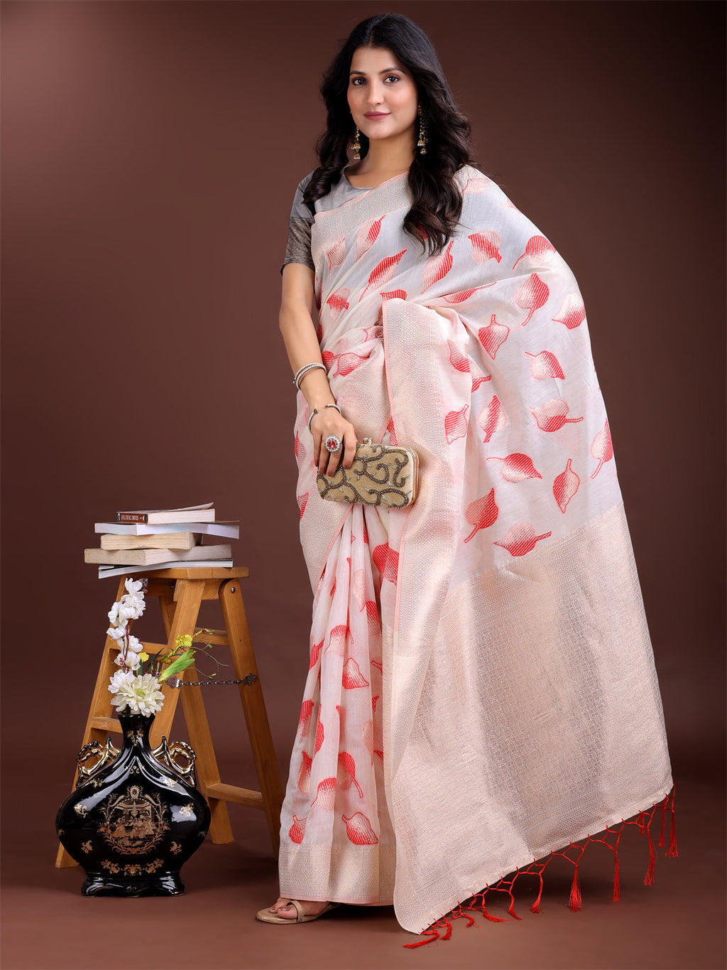 Shree Shyam Fashion White & Red Cotton Woven Zari Work Traditional Tassel Saree | Grocsy