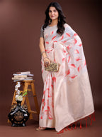Shree Shyam Fashion White & Red Cotton Woven Zari Work Traditional Tassel Saree | Grocsy