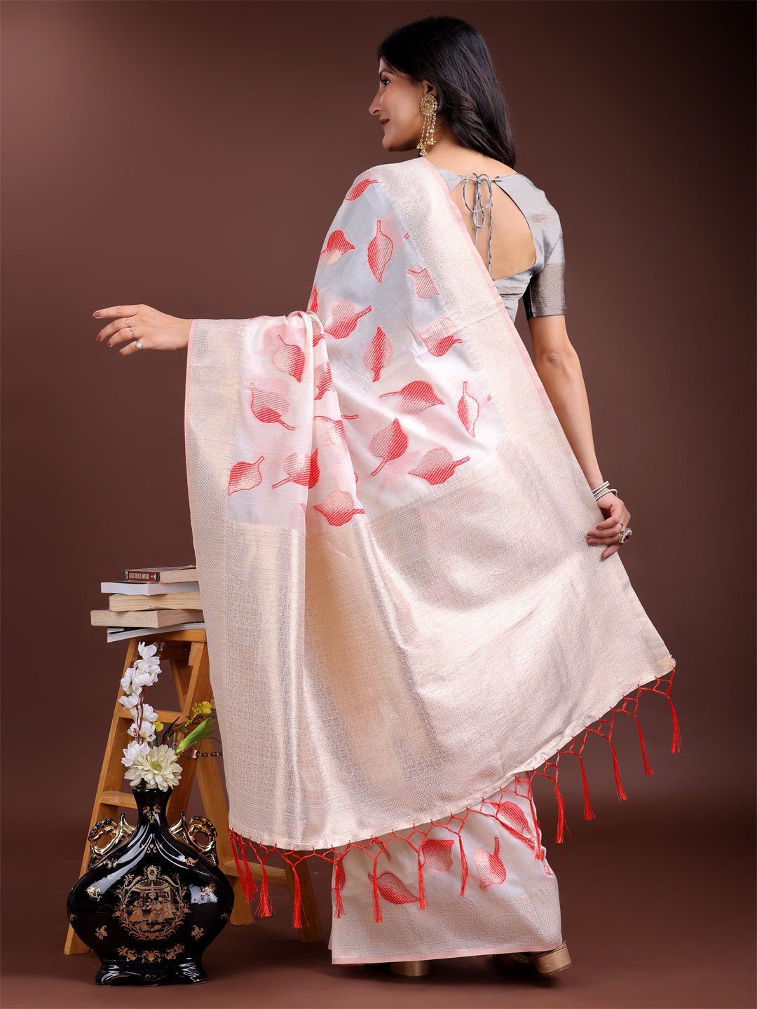 Shree Shyam Fashion White & Red Cotton Woven Zari Work Traditional Tassel Saree | Grocsy
