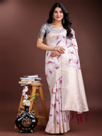 Shree Shyam Fashion White & Purple Cotton Woven Zari Work Traditional Tassel Saree | Grocsy