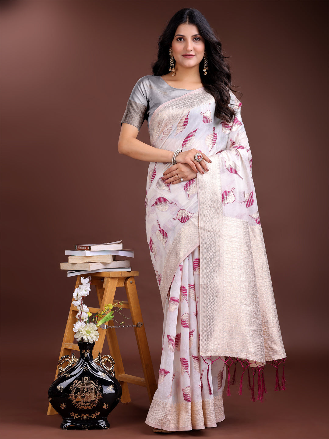 Shree Shyam Fashion White & Purple Cotton Woven Zari Work Traditional Tassel Saree | Grocsy
