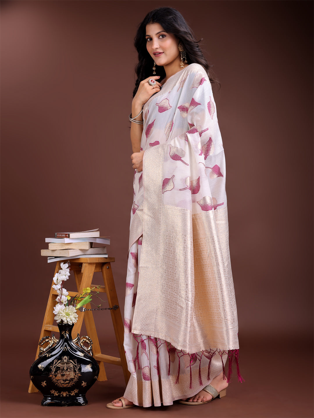 Shree Shyam Fashion White & Purple Cotton Woven Zari Work Traditional Tassel Saree | Grocsy