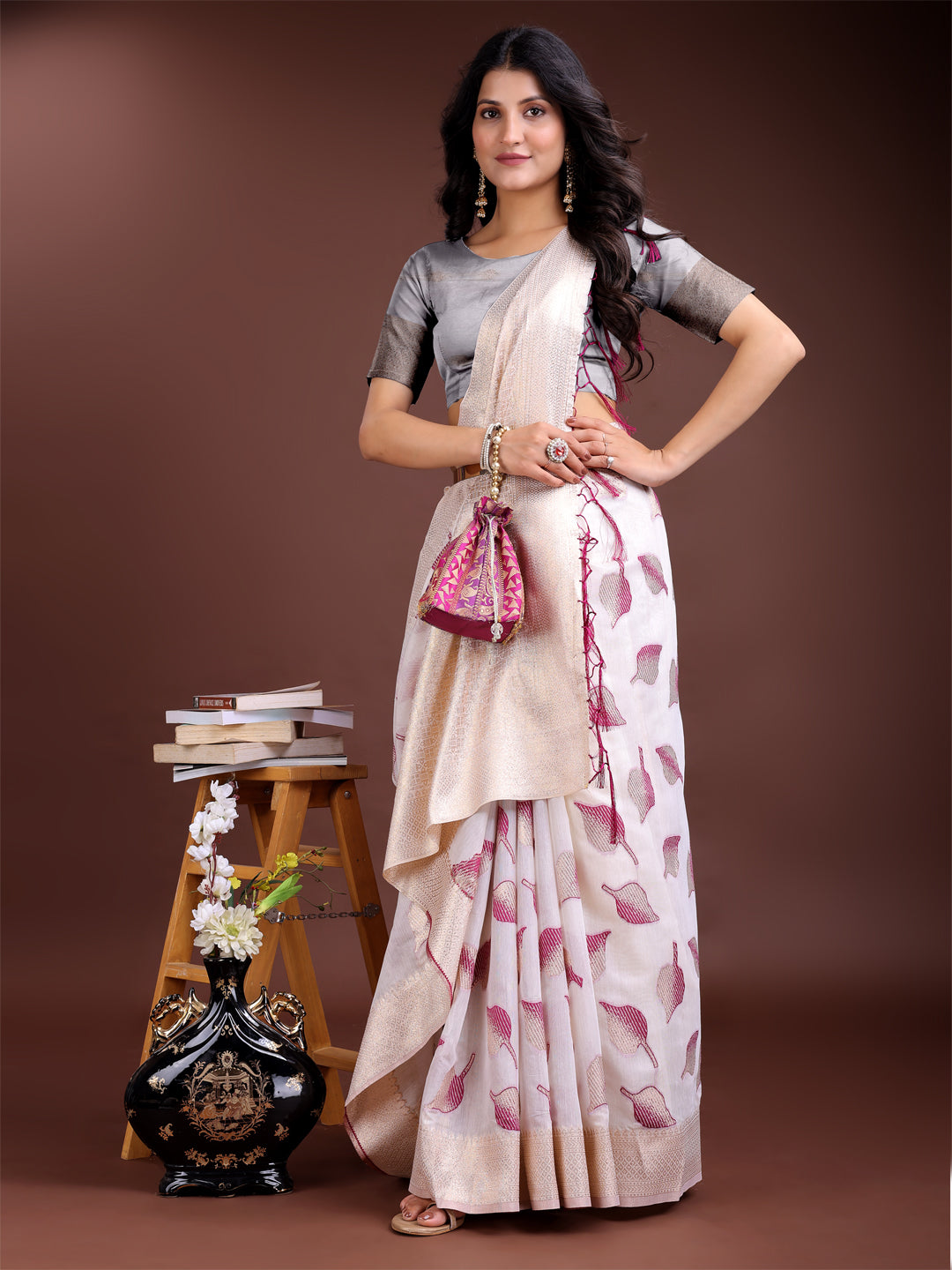 Shree Shyam Fashion White & Purple Cotton Woven Zari Work Traditional Tassel Saree | Grocsy