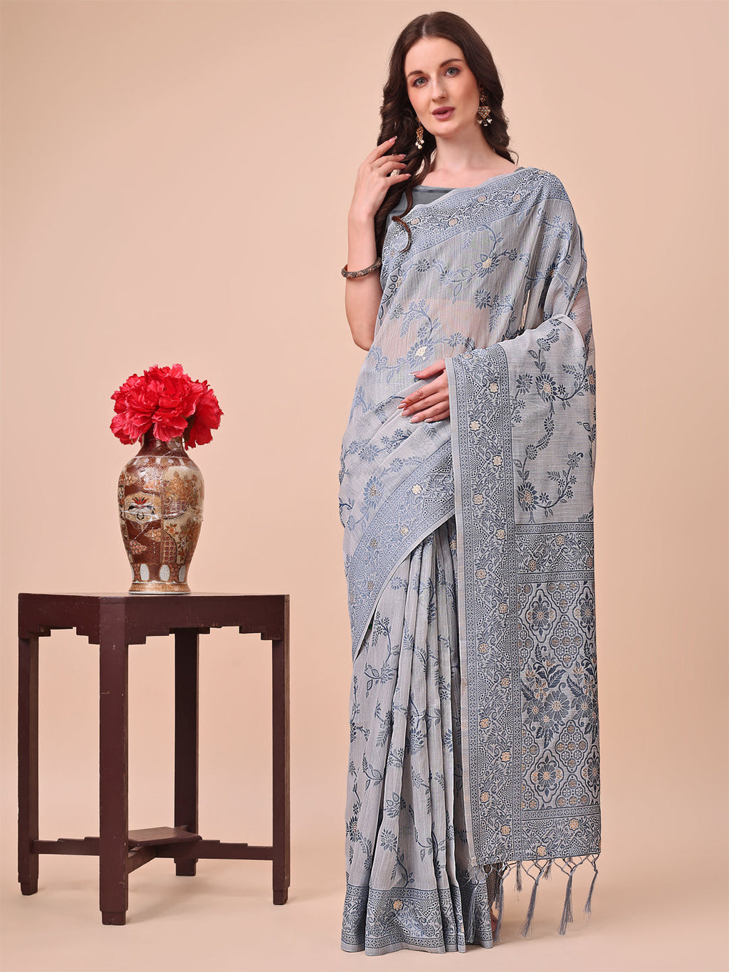 Shree Shyam Fashion Beige & Grey Banarasi Cotton Saree with Floral Zari Work and Traditional Pallu - Elegant Ethnic Wear for Festivals & Ceremonies | Grocsy