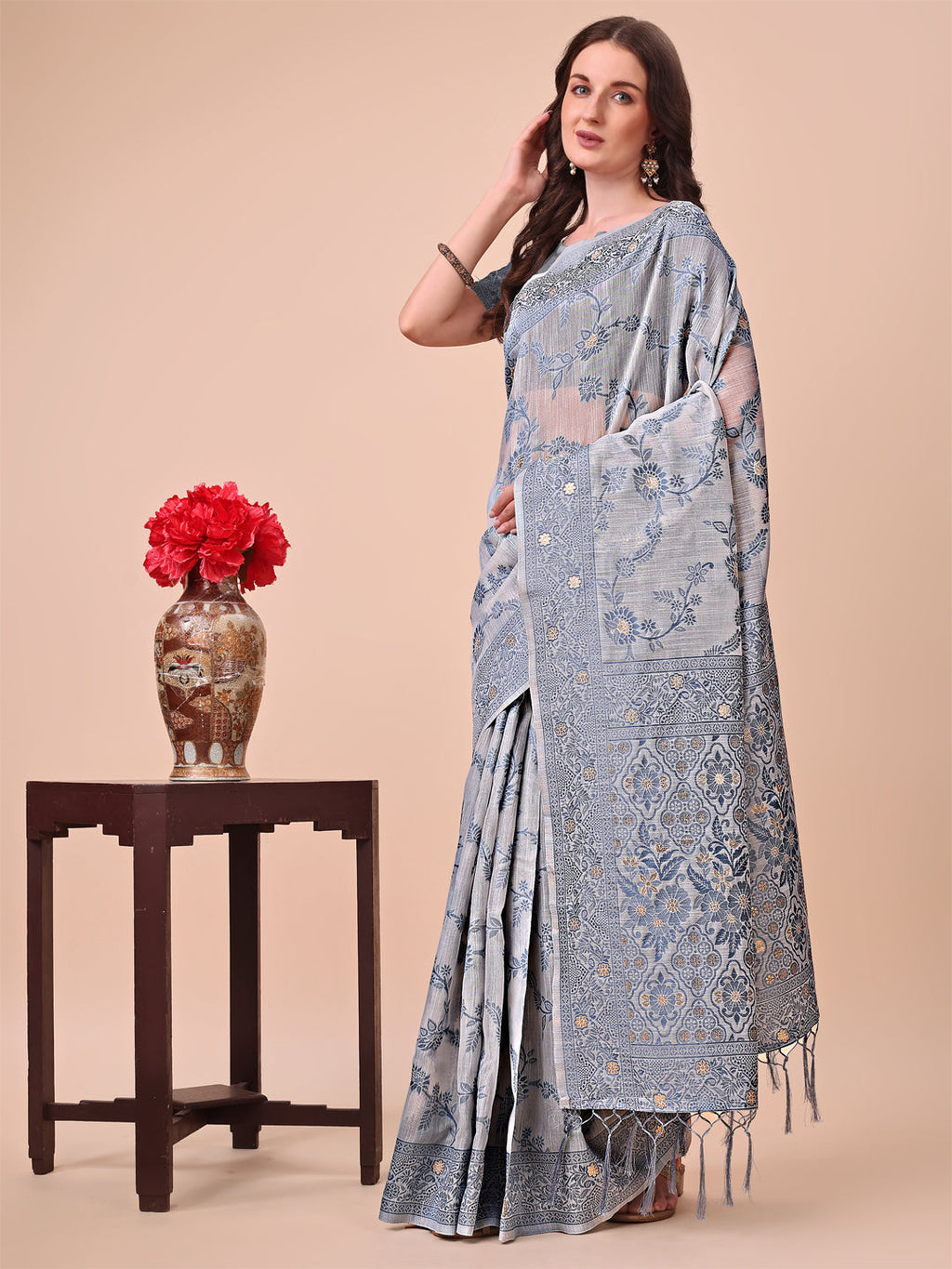 Shree Shyam Fashion Beige & Grey Banarasi Cotton Saree with Floral Zari Work and Traditional Pallu - Elegant Ethnic Wear for Festivals & Ceremonies | Grocsy
