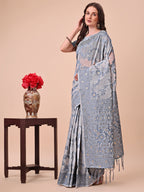 Shree Shyam Fashion Beige & Grey Banarasi Cotton Saree with Floral Zari Work and Traditional Pallu - Elegant Ethnic Wear for Festivals & Ceremonies | Grocsy