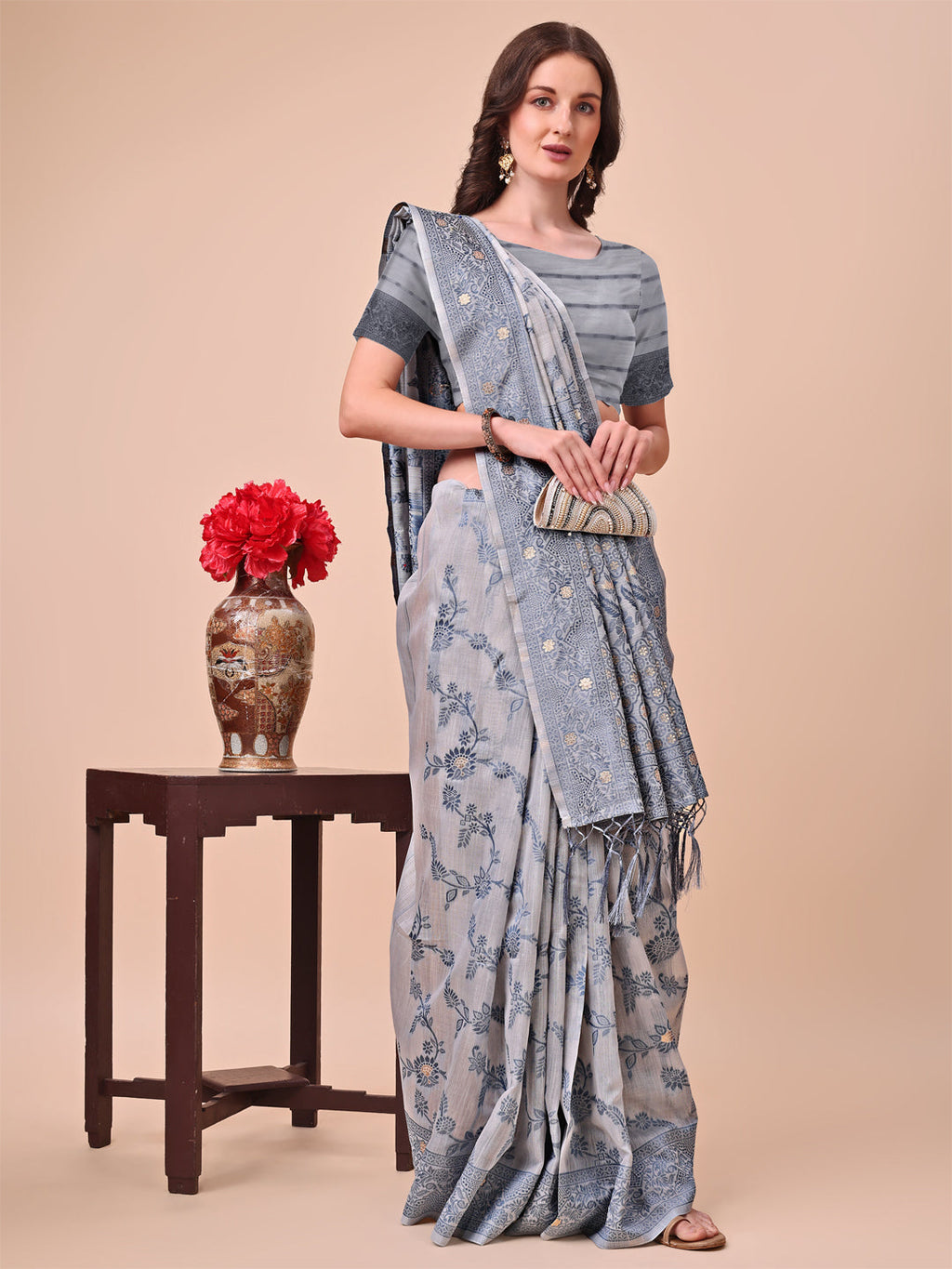 Shree Shyam Fashion Beige & Grey Banarasi Cotton Saree with Floral Zari Work and Traditional Pallu - Elegant Ethnic Wear for Festivals & Ceremonies | Grocsy