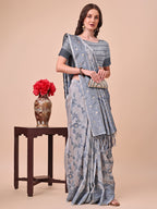 Shree Shyam Fashion Beige & Grey Banarasi Cotton Saree with Floral Zari Work and Traditional Pallu - Elegant Ethnic Wear for Festivals & Ceremonies | Grocsy