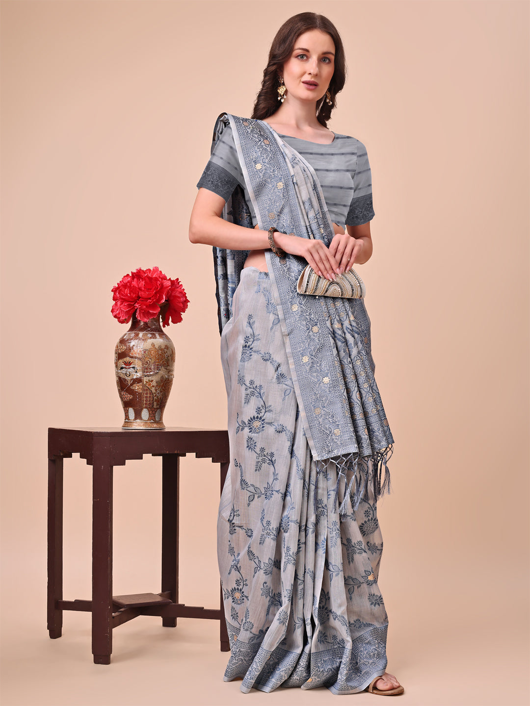 Shree Shyam Fashion Beige & Grey Banarasi Cotton Saree with Floral Zari Work and Traditional Pallu - Elegant Ethnic Wear for Festivals & Ceremonies | Grocsy