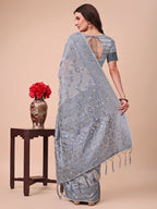 Shree Shyam Fashion Beige & Grey Banarasi Cotton Saree with Floral Zari Work and Traditional Pallu - Elegant Ethnic Wear for Festivals & Ceremonies | Grocsy