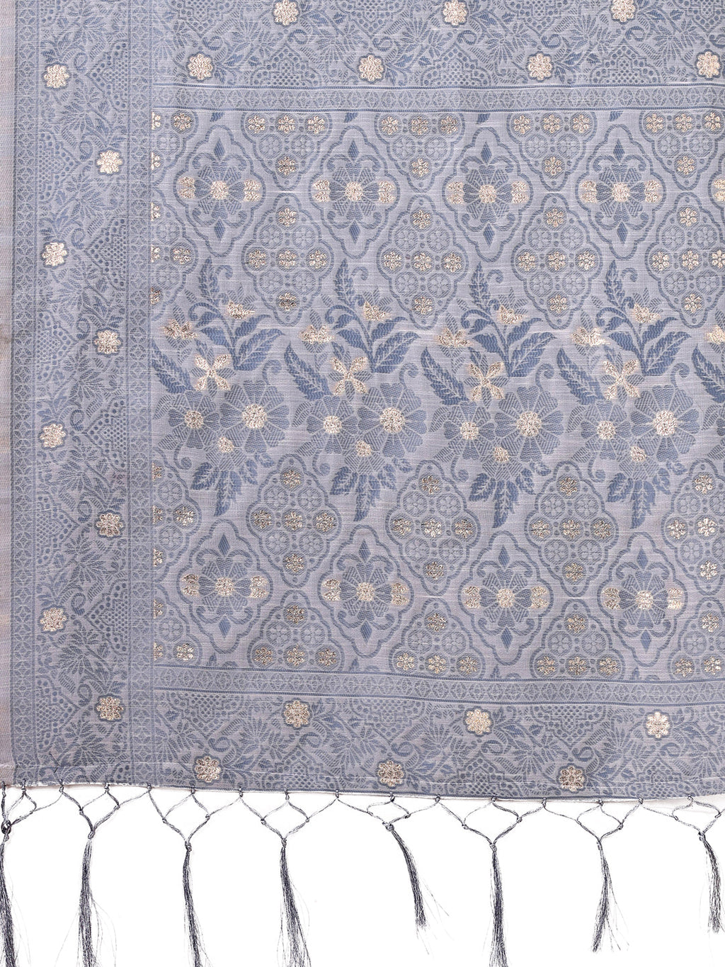 Shree Shyam Fashion Beige & Grey Banarasi Cotton Saree with Floral Zari Work and Traditional Pallu - Elegant Ethnic Wear for Festivals & Ceremonies | Grocsy