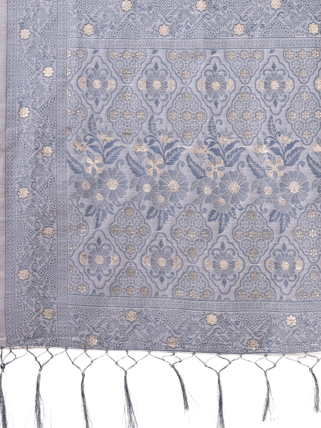 Shree Shyam Fashion Beige & Grey Banarasi Cotton Saree with Floral Zari Work and Traditional Pallu - Elegant Ethnic Wear for Festivals & Ceremonies | Grocsy