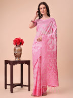 Shree Shyam Fashion Beige & Pink Banarasi Cotton Saree with Floral Zari Work and Traditional Pallu - Elegant Ethnic Wear for Festivals & Ceremonies | Grocsy