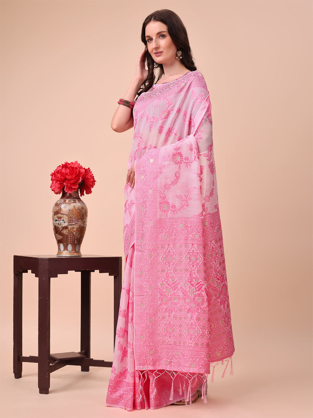 Shree Shyam Fashion Beige & Pink Banarasi Cotton Saree with Floral Zari Work and Traditional Pallu - Elegant Ethnic Wear for Festivals & Ceremonies | Grocsy