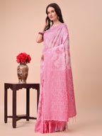 Shree Shyam Fashion Beige & Pink Banarasi Cotton Saree with Floral Zari Work and Traditional Pallu - Elegant Ethnic Wear for Festivals & Ceremonies | Grocsy