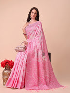 Shree Shyam Fashion Beige & Pink Banarasi Cotton Saree with Floral Zari Work and Traditional Pallu - Elegant Ethnic Wear for Festivals & Ceremonies | Grocsy