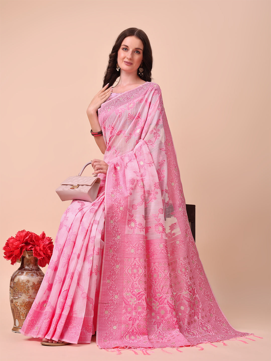 Shree Shyam Fashion Beige & Pink Banarasi Cotton Saree with Floral Zari Work and Traditional Pallu - Elegant Ethnic Wear for Festivals & Ceremonies | Grocsy