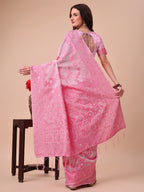 Shree Shyam Fashion Beige & Pink Banarasi Cotton Saree with Floral Zari Work and Traditional Pallu - Elegant Ethnic Wear for Festivals & Ceremonies | Grocsy